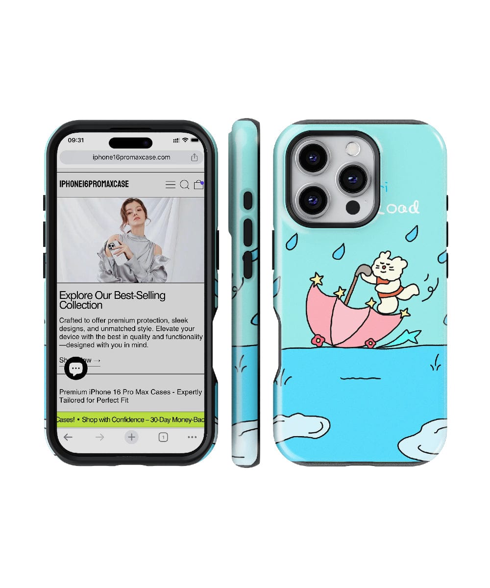 iPhone with a website open, displayed next to a `Cute Bear with Umbrella iPhone 16 Pro Max Case` featuring a cartoon cat sailing an umbrella in the rain. The blue case showcases clouds and raindrops, offering MagSafe compatible shockproof protection with its slim fit PC + silicone design.