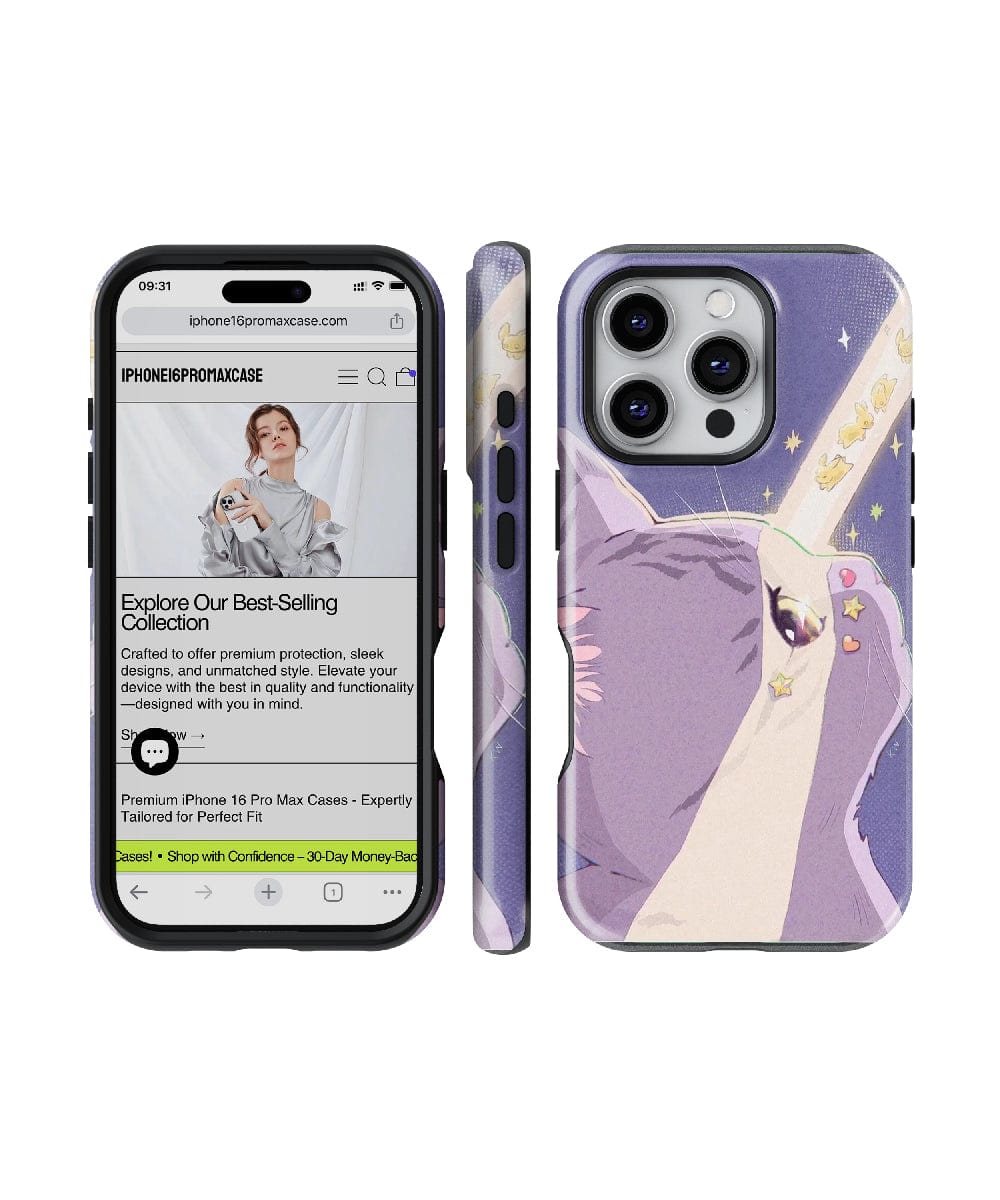 Two smartphones displaying a website and an image of the decorative Dreamy Cat with Starbeam iPhone 16 Pro Max Case, featuring a MagSafe-compatible, purple design with a cute, cosmic cat and pastel starbeam elements.