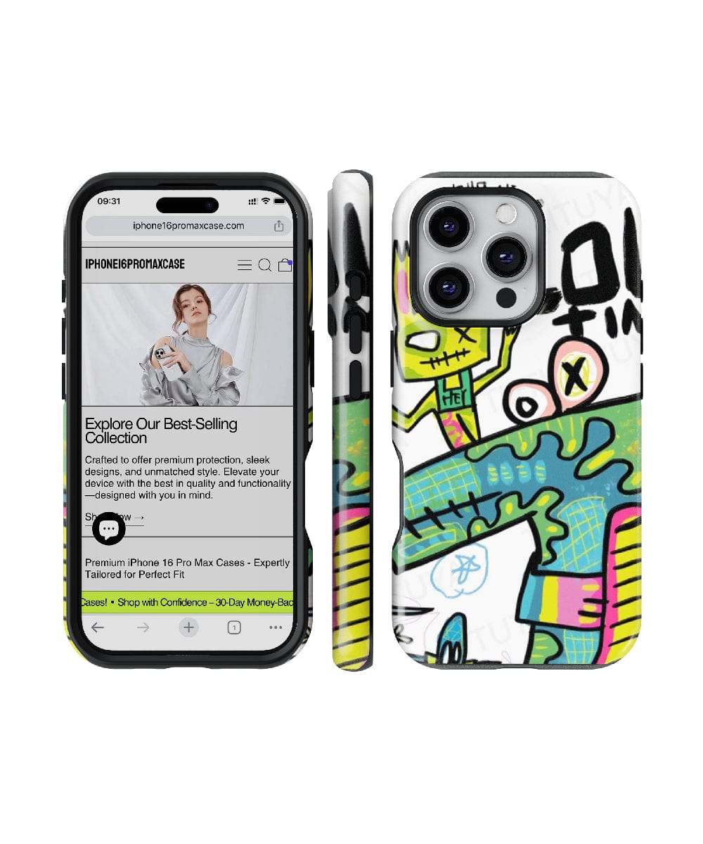 An iPhone with the Abstract Street Art iPhone 16 Pro Max Case, known for its bold graffiti-inspired design and vibrant urban aesthetic, displaying a website advertising phone accessories.