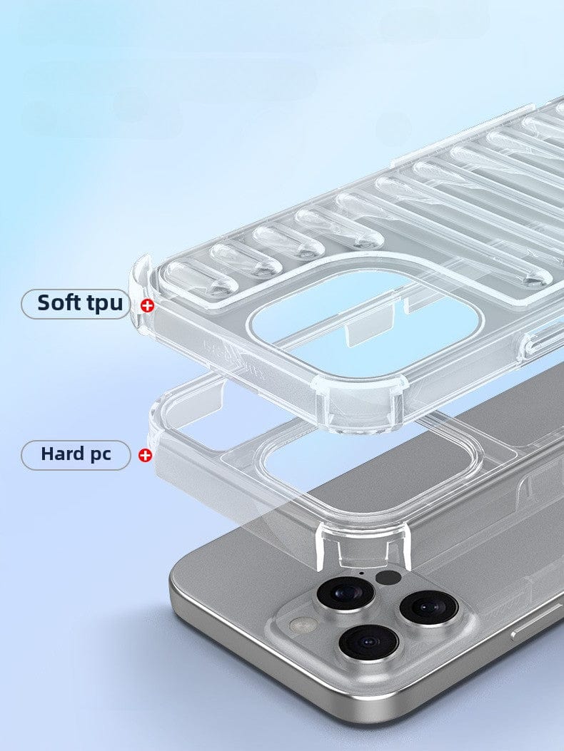 A diagram illustrating the **iPhone 16 Pro Max Clear Air Cushion Case** displays its two-layer design, with labels identifying the top layer as soft TPU and the bottom layer as hard PC. A smartphone is partially visible beneath, highlighting its dual-layer hybrid protection.