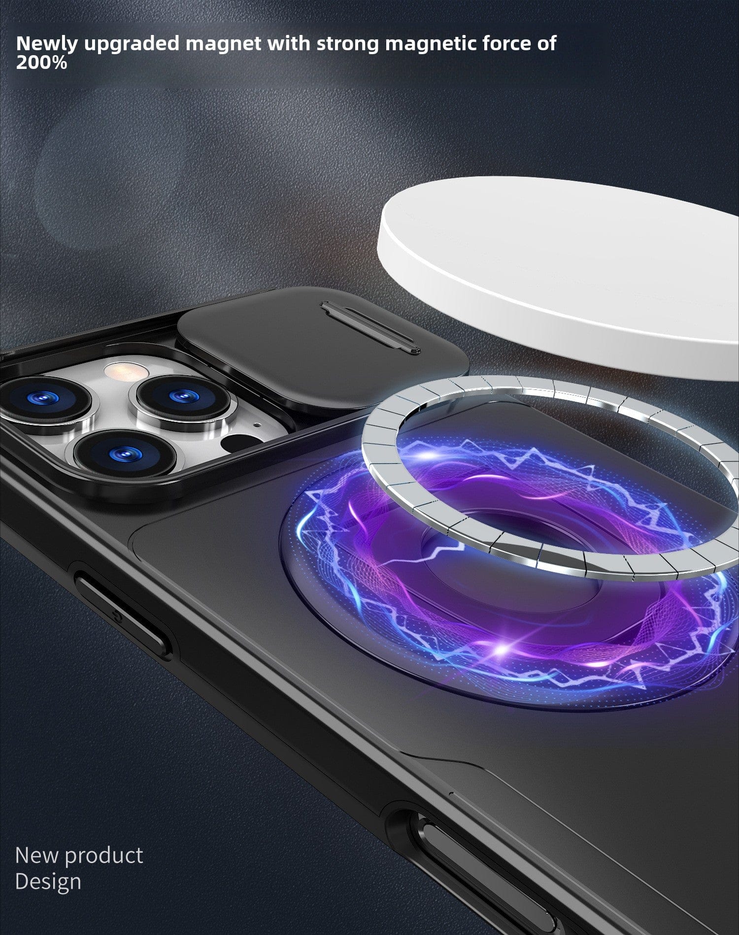 Close-up of a smartphone with a circular magnetic ring stand on the back emitting blue and purple energy. Text reads, "Newly upgraded magnet with strong magnetic force of 200%." and "Introducing the new iPhone 16 Pro Max Case with Sliding Window, Anti-Fingerprint, Anti-Slip, Shockproof TPU+PC Design featuring a Magnetic Ring Stand.