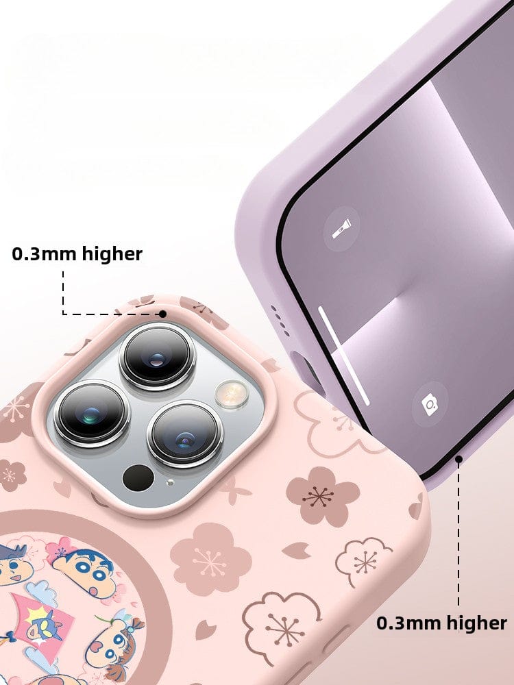 Close-up of two iPhone 16 Pro Max cases, showcasing the Spring Time Cartoon Silicone Protective Cover which offers shockproof protection. The cases feature 0.3mm raised edges to safeguard camera lenses and screens and are adorned with decorative patterns, including cartoon characters and spring-themed floral designs.