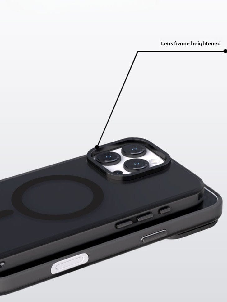 Close-up of a smartphone with a highlighted caption indicating that the lens frame is heightened. The phone, protected by the iPhone 16 Pro Max Clear Case with MagSafe—an ultra-thin matte finish shockproof cover featuring anti-yellowing properties—displays a black scratch-resistant case and a circular design on the back.