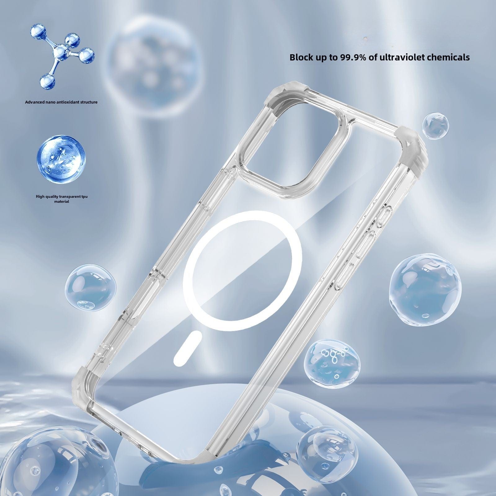 A clear MagSafe case for the iPhone 16 Pro Max floats among bubbles with text: "Block up to 99.9% of ultraviolet chemicals" and illustrations of molecular structures, liquid drops, and 3H Anti-Scratch Protection.