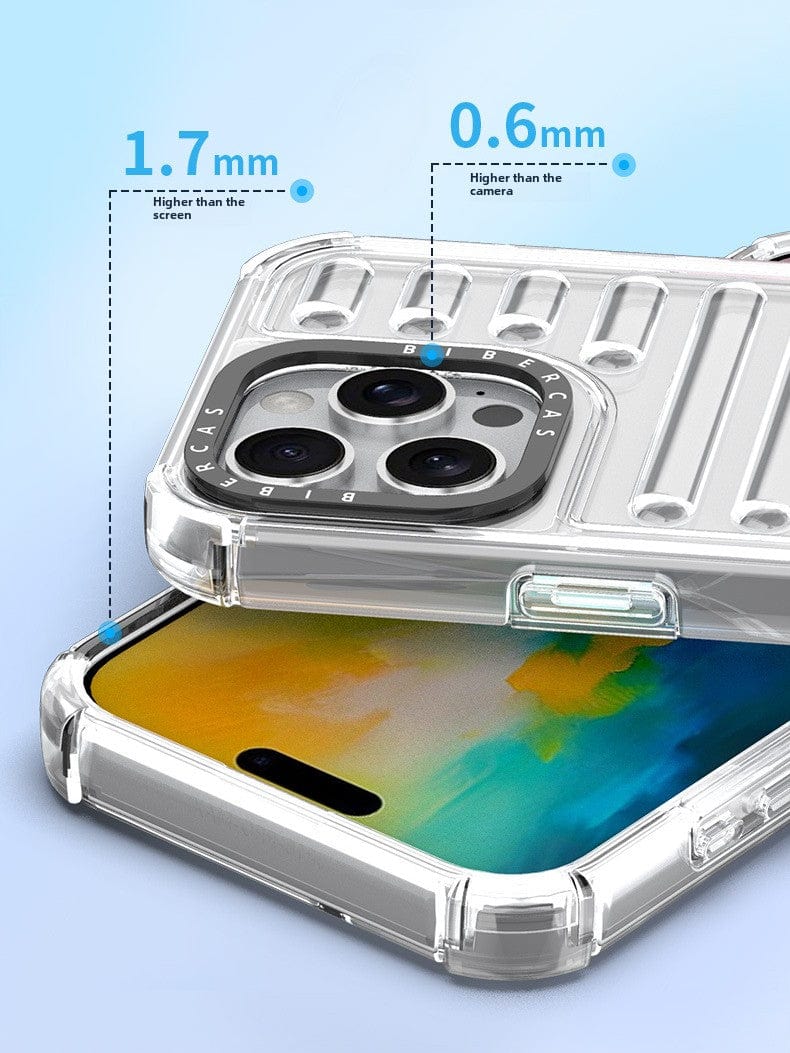 The iPhone 16 Pro Max Clear Air Cushion Case, featuring precise cutouts for cameras and ports, offers enhanced protection with raised edges—1.7mm above the screen and 0.6mm above the camera. The shockproof TPU and PC hybrid cover provides Dual-Layer Hybrid Protection, while its Air Cushion Design ensures durability and remains Wireless Charging Compatible.