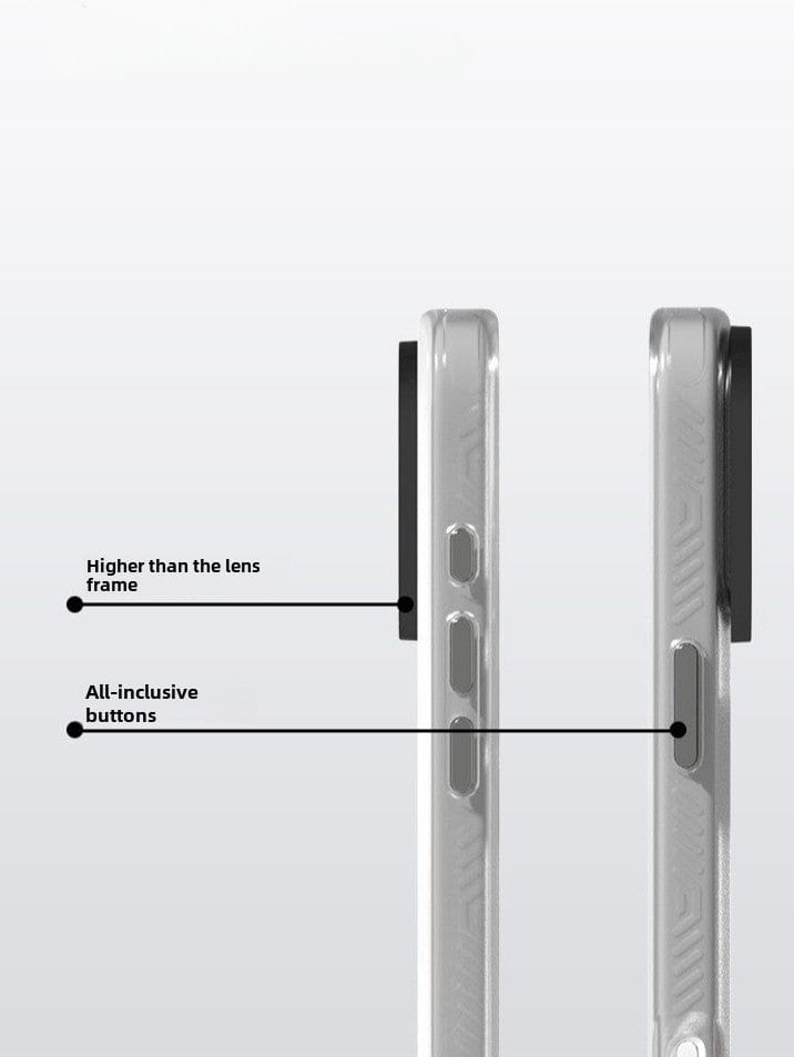 Two smartphones shown from the side. One, encased in the iPhone 16 Pro Max Clear Case with MagSafe featuring an ultra-thin matte finish and anti-yellowing shockproof cover, has a lens frame higher than the lens itself, and the other features all-inclusive buttons.