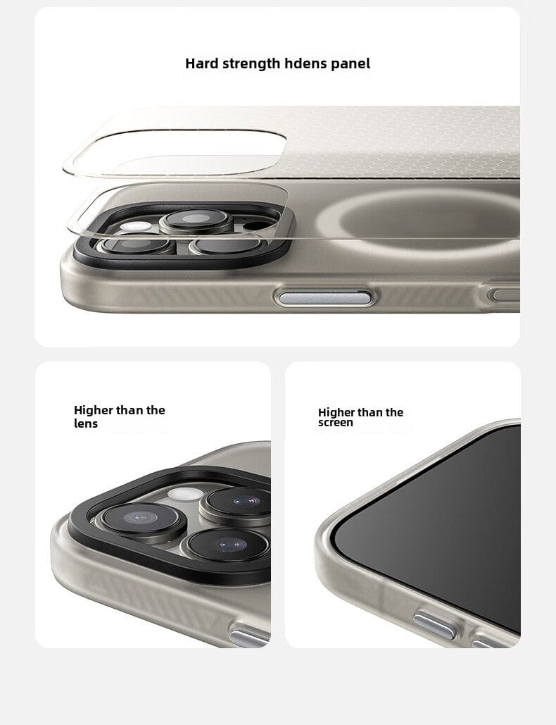 A detailed look at the iPhone 16 Pro Max MagSafe Case | X-002 Hdens Matte Finish Shockproof Cover is presented. Close-ups highlight the case's raised edges designed to protect the camera lens and screen, underscoring its advanced shockproof technology that ensures protection above these surfaces.