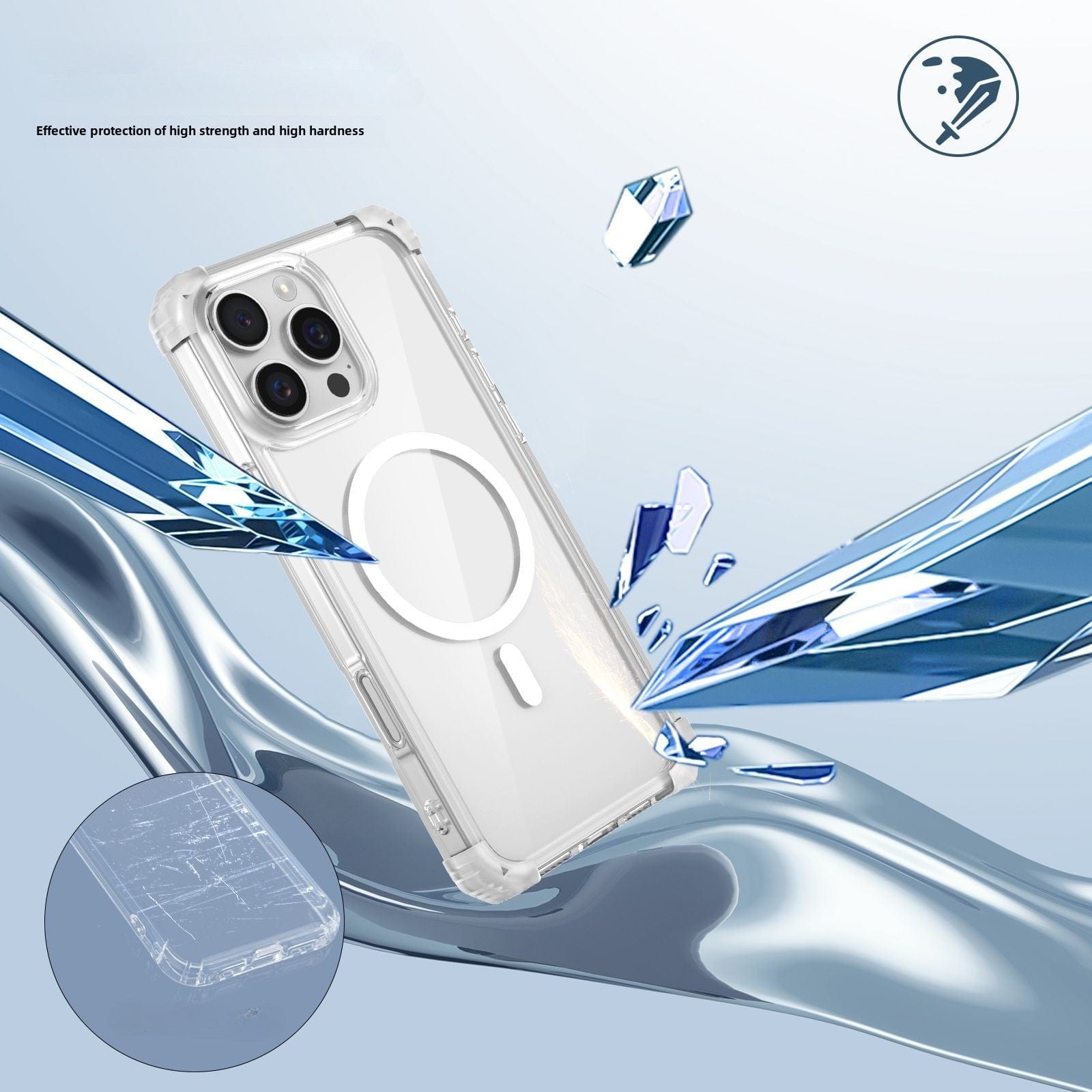 The iPhone 16 Pro Max Clear MagSafe Case is displayed with shattered glass pieces around it, emphasizing its strength and Military-Grade Drop Protection. A zoomed-in inset highlights the 3H Anti-Scratch protection, ensuring lasting durability.