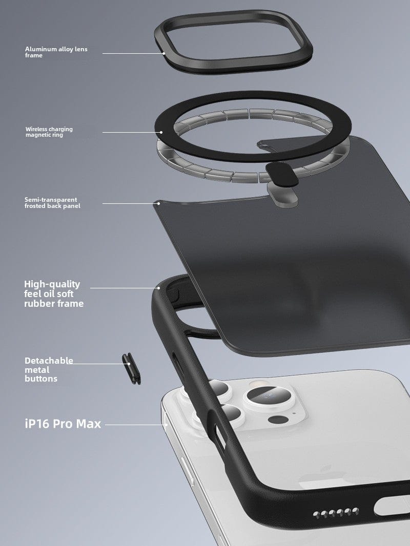 Exploded view showing the components of the iPhone 16 Pro Max MagSafe Case by Golden Shield, including an aluminum alloy camera frame, wireless charging magnetic ring for MagSafe compatibility, frosted back panel, rubber frame, detachable buttons, and compatibility with phone model iP16 Pro Max.