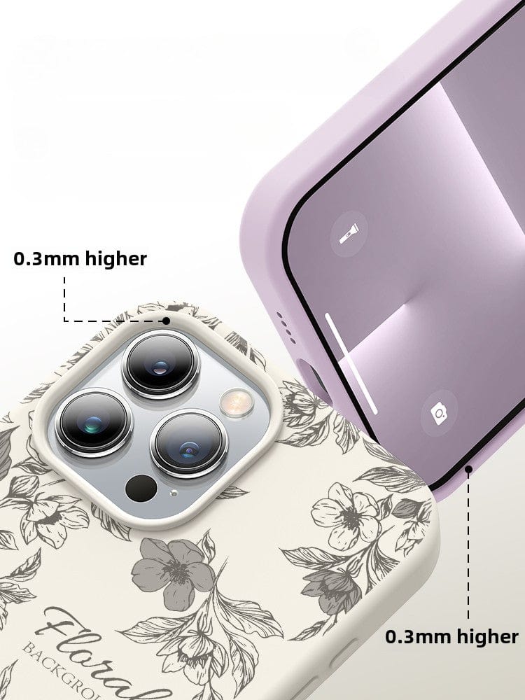 Close-up of two smartphones encased in protective covers showing 0.3mm raised edges around the camera and screen for enhanced protection. One case features a floral pattern, offering 360° protection with a shockproof triple-layer design and anti-fingerprint coating, while the other is plain lavender. Perfect for your new iPhone 16 Pro Max case needs.