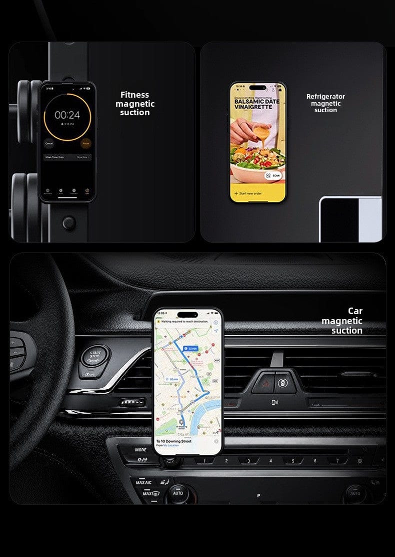 A collage showcasing three versatile uses of the iPhone 16 Pro Max Military-Grade Case with MagSafe: as a fitness tracker, a refrigerator holder for recipes, and a 360° rotating kickstand car GPS holder.