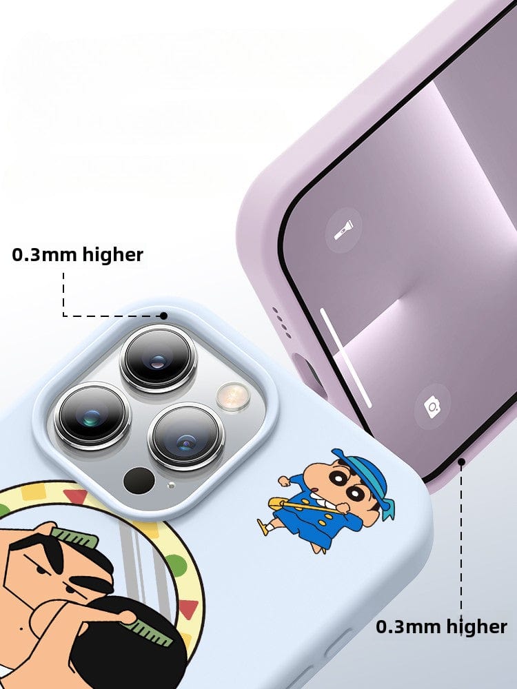 Close-up of an iPhone 16 Pro Max featuring a Crayon Shinchan-themed case, highlighting the 0.3mm raised edge around the screen and camera for added protection, and triple-layer shockproof protection for ultimate durability.