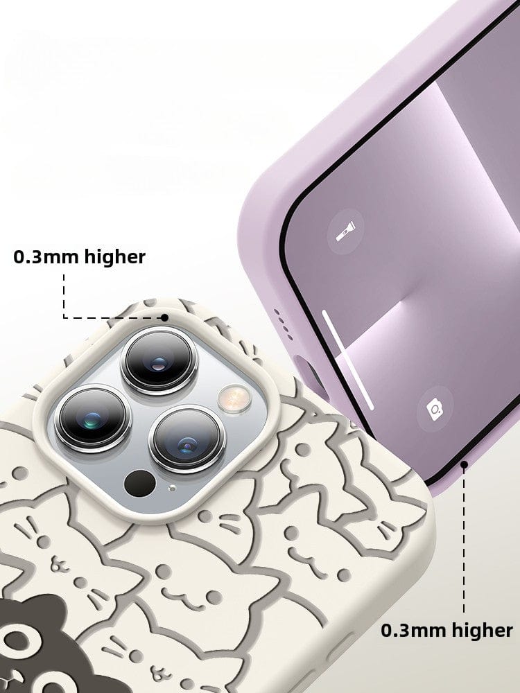 Close-up of two smartphones with protective cases. One features the iPhone 16 Pro Max Cute Cat Pattern Case, made of premium liquid silicone and designed with raised edges for camera protection. The other has a plain design with triple-layer shockproof protection and raised edges to safeguard the screen.