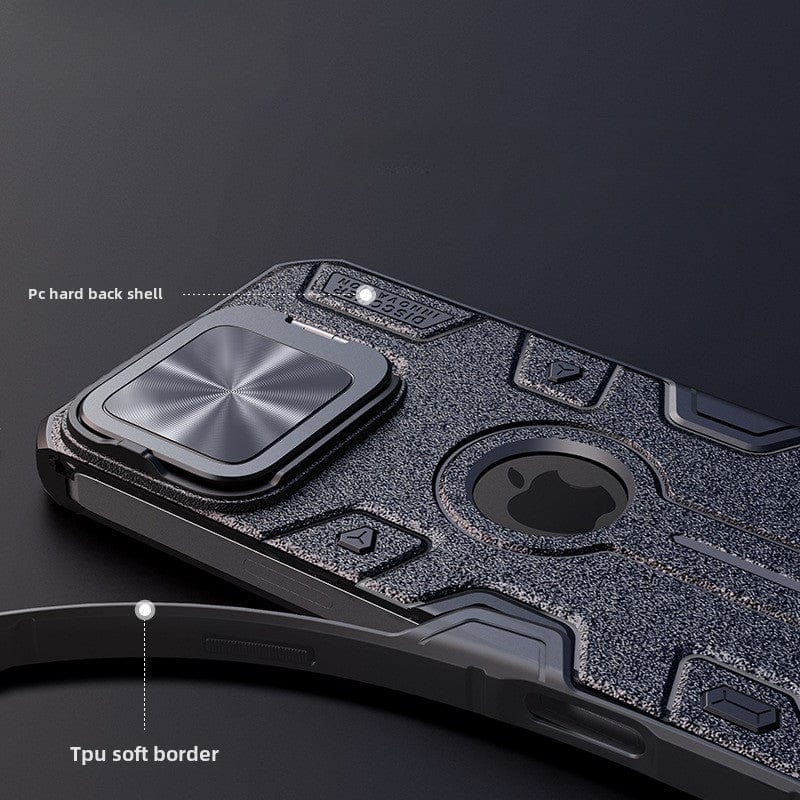 Close-up of the Rugged MagSafe iPhone 16 Pro Max Case showcasing its features: a PC hard back shell with a textured design built around the camera module, and a TPU soft border for added protection.