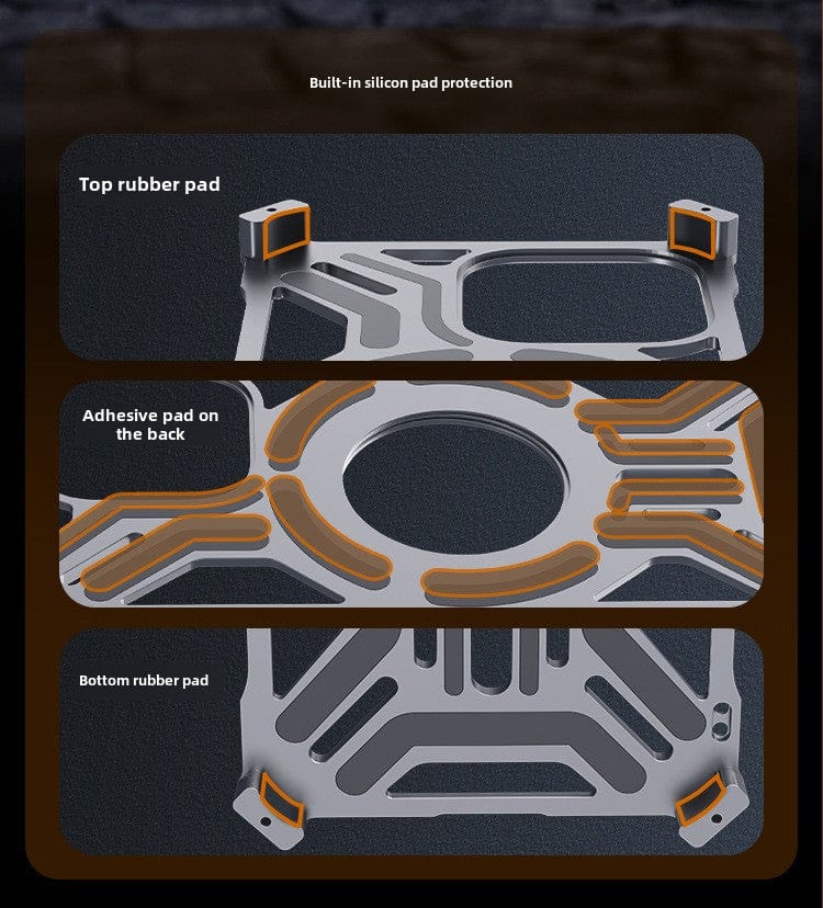 Image showing a three-part view of the iPhone 16 Pro Max Aerospace Aluminum MagSafe Case: the top rubber pad, adhesive pad on the back, and the bottom rubber pad.