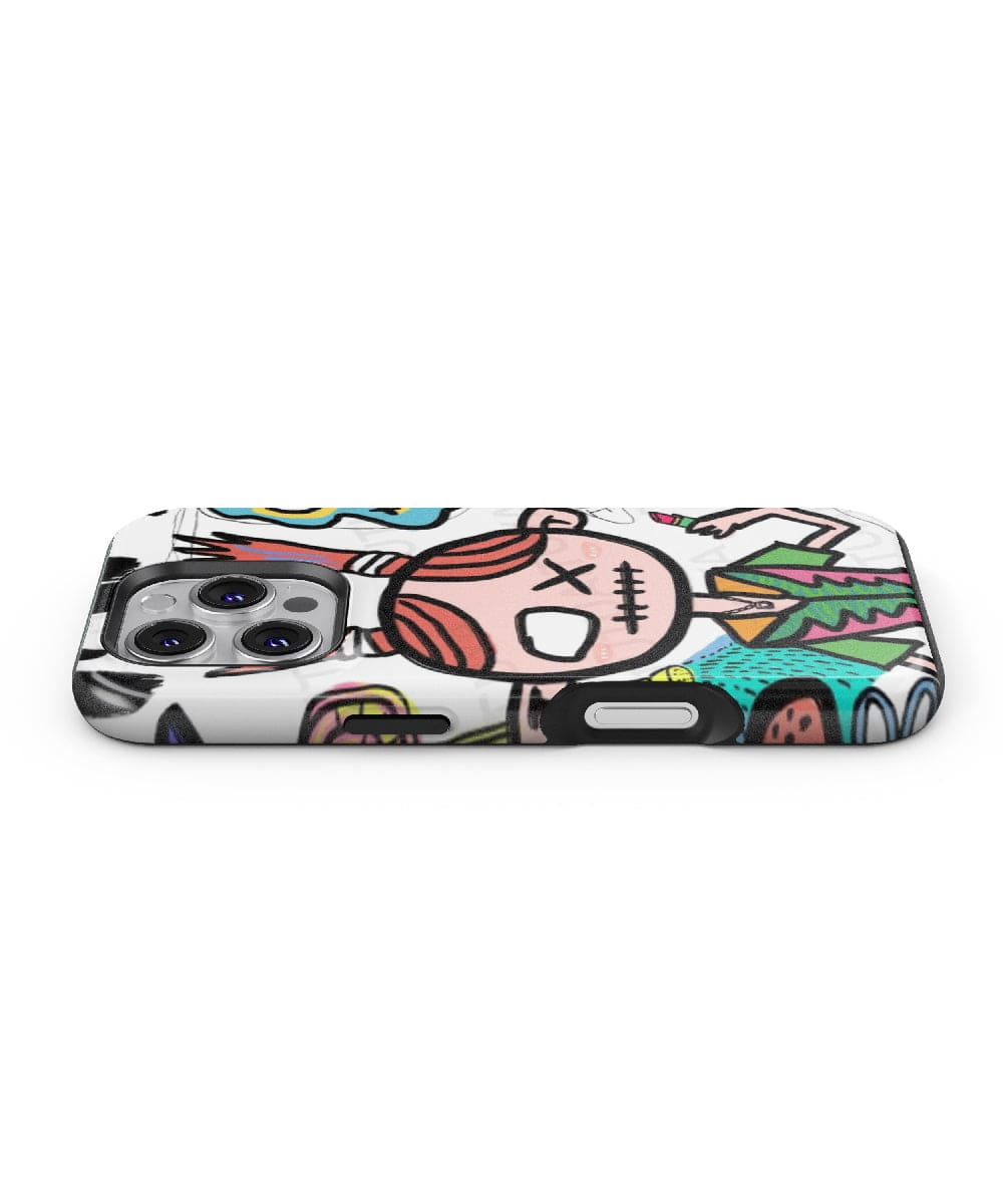 The Quirky Pop Art Girl iPhone 16 Pro Max Case showcases a vibrant cartoon design with bold colors and a street art aesthetic featuring various animated characters. Primarily white with expressive illustrations, it offers dual-layer protection to keep your phone both stylish and secure.