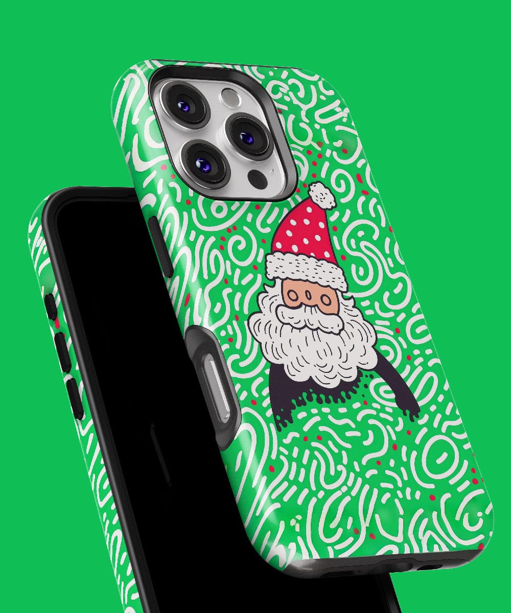 Introducing the Funky Santa iPhone 16 Pro Max Case – Vibrant Holiday Design! This MagSafe-compatible case features a lively Santa Claus design on a fun patterned background, all set against a matching green backdrop.