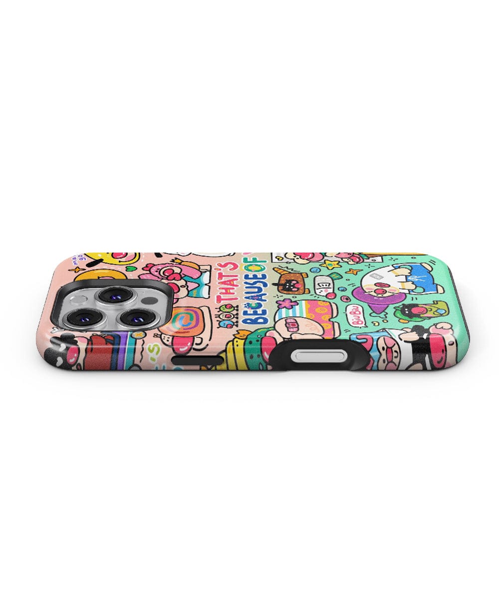 The Whimsical Cartoon Characters iPhone 16 Pro Max Case – Fun Doodle Design offers a vibrant and playful aesthetic, showcasing an array of cute characters and objects while ensuring durable protection.