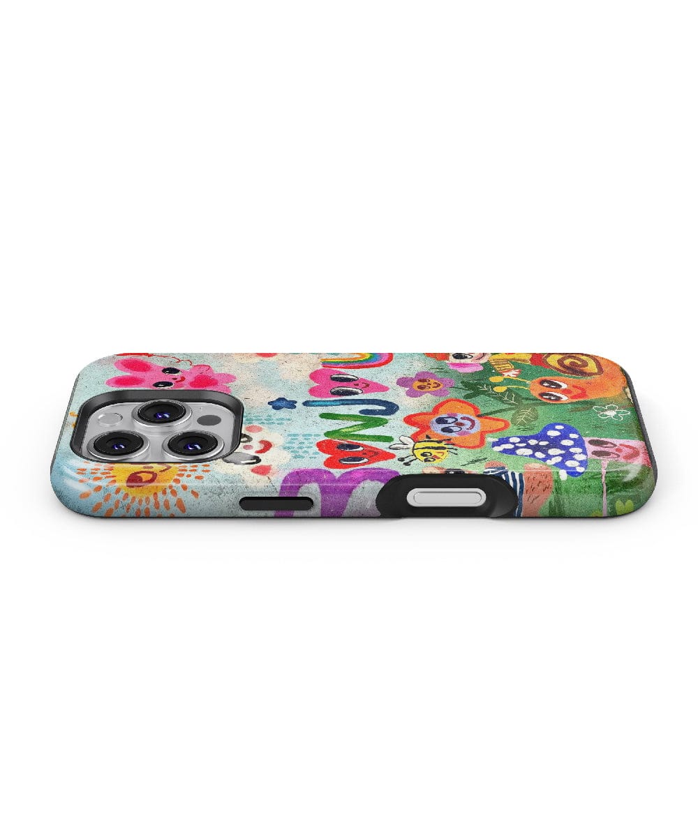 The Bonjour Garden iPhone 16 Pro Max Case boasts a whimsical nature design featuring cute cartoon characters, vibrant colors, and a mix of colorful flowers, mushrooms, and abstract patterns on a light background. Furthermore, it offers dual-layer protection for enhanced durability.