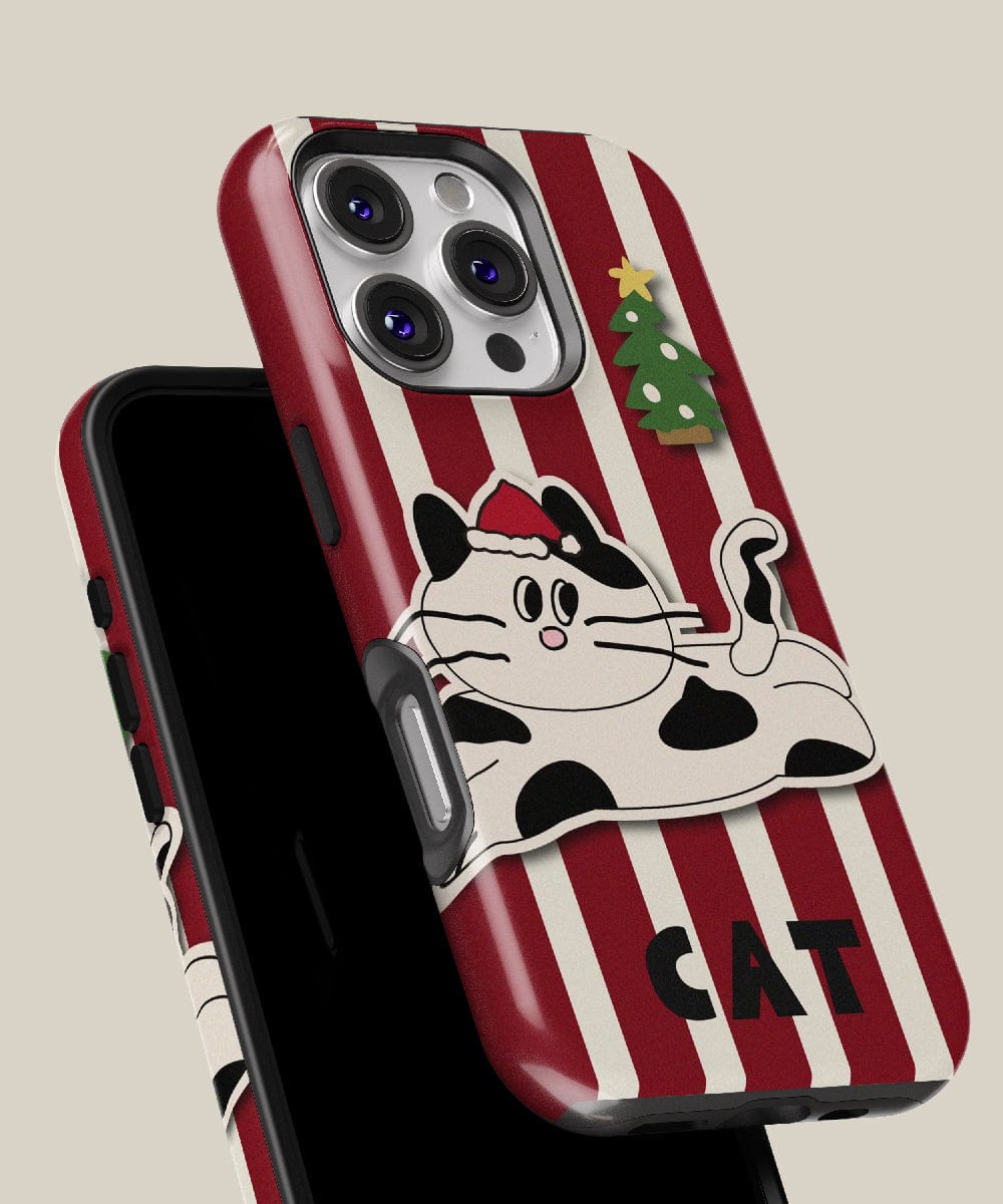 This playful holiday cat design features a red striped phone case adorned with a cartoon cat wearing a Santa hat and accompanied by the word "CAT." Perfectly MagSafe compatible, it's ideally suited for your iPhone 16 Pro Max.