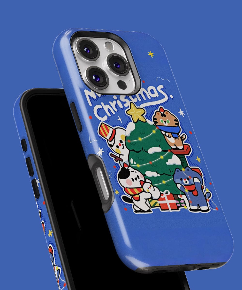 The Merry Christmas Cartoon iPhone 16 Pro Max Case showcases cute characters adorning a tree, providing durable protection and MagSafe compatibility. It perfectly combines festive charm with reliable functionality.