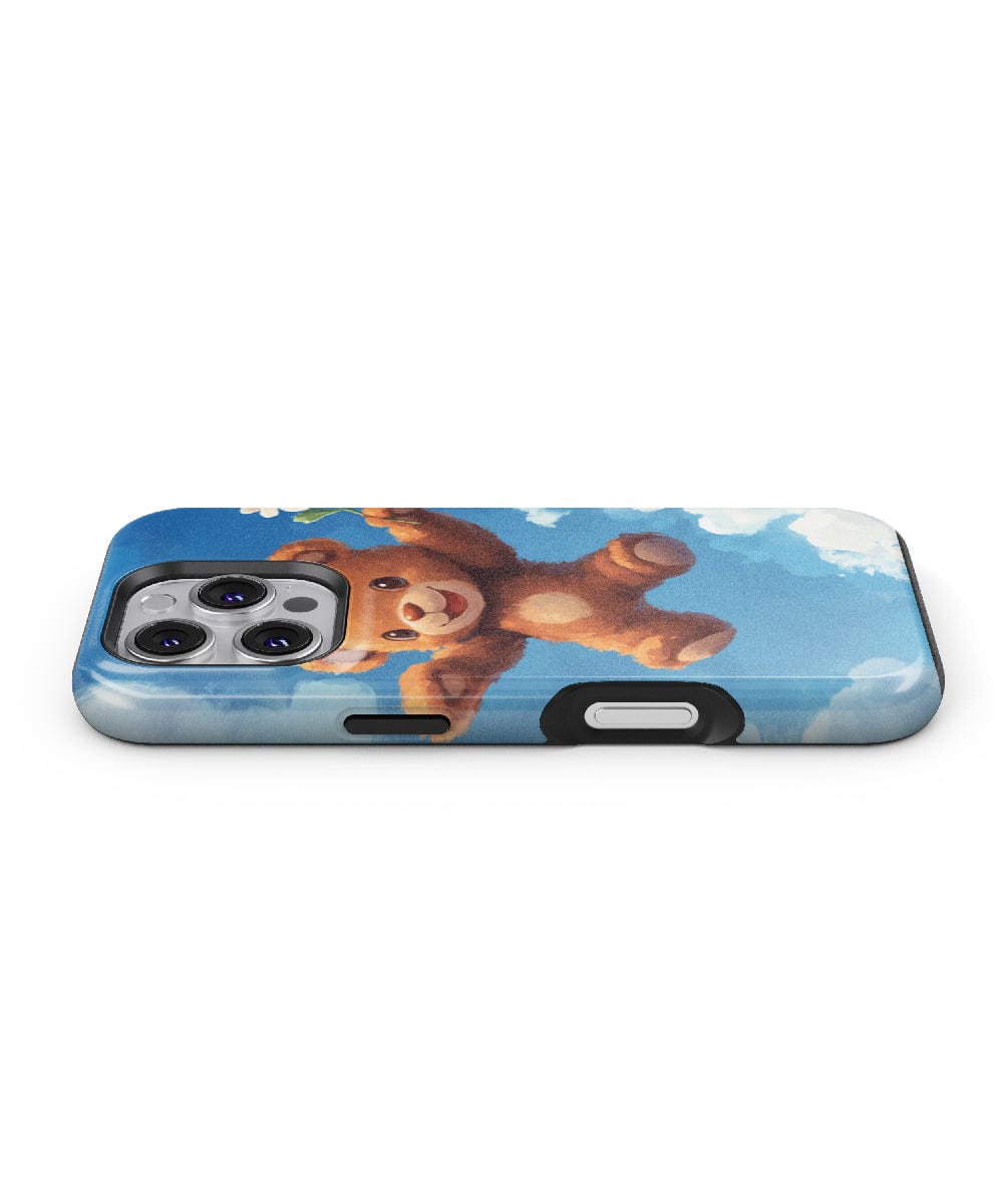 Adorable Teddy Bear iPhone 16 Pro Max Case – MagSafe Compatible, featuring a printed image of a teddy bear floating among clouds, offering slim fit dual-layer protection with a shockproof PC + silicone design.