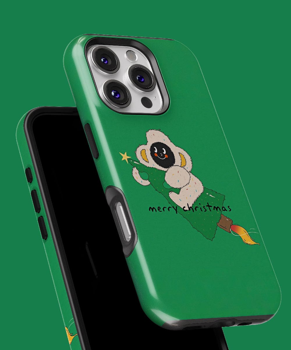 The Merry Christmas Monkey iPhone 16 Pro Max Case showcases a green holiday theme with a festive monkey design, complete with MagSafe compatibility to add a seasonal touch to your device.