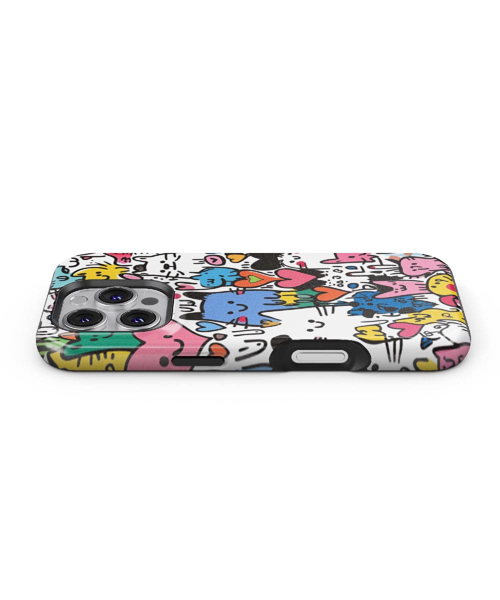 The Cute Colorful Cat iPhone 16 Pro Max Case – MagSafe Compatible, Slim Fit, Shockproof PC + Silicone Cover boasts a vibrant cartoon animal design with blue, pink, yellow, and green motifs. This case provides dual-layer protection with a cutout for the camera lenses and is compatible with MagSafe!