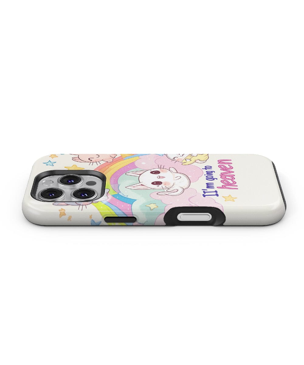 A Kawaii Cat "Going to Heaven" iPhone 16 Pro Max case, MagSafe compatible, featuring a colorful design with cute cartoon characters, a rainbow, and the text "I'm going to heaven.