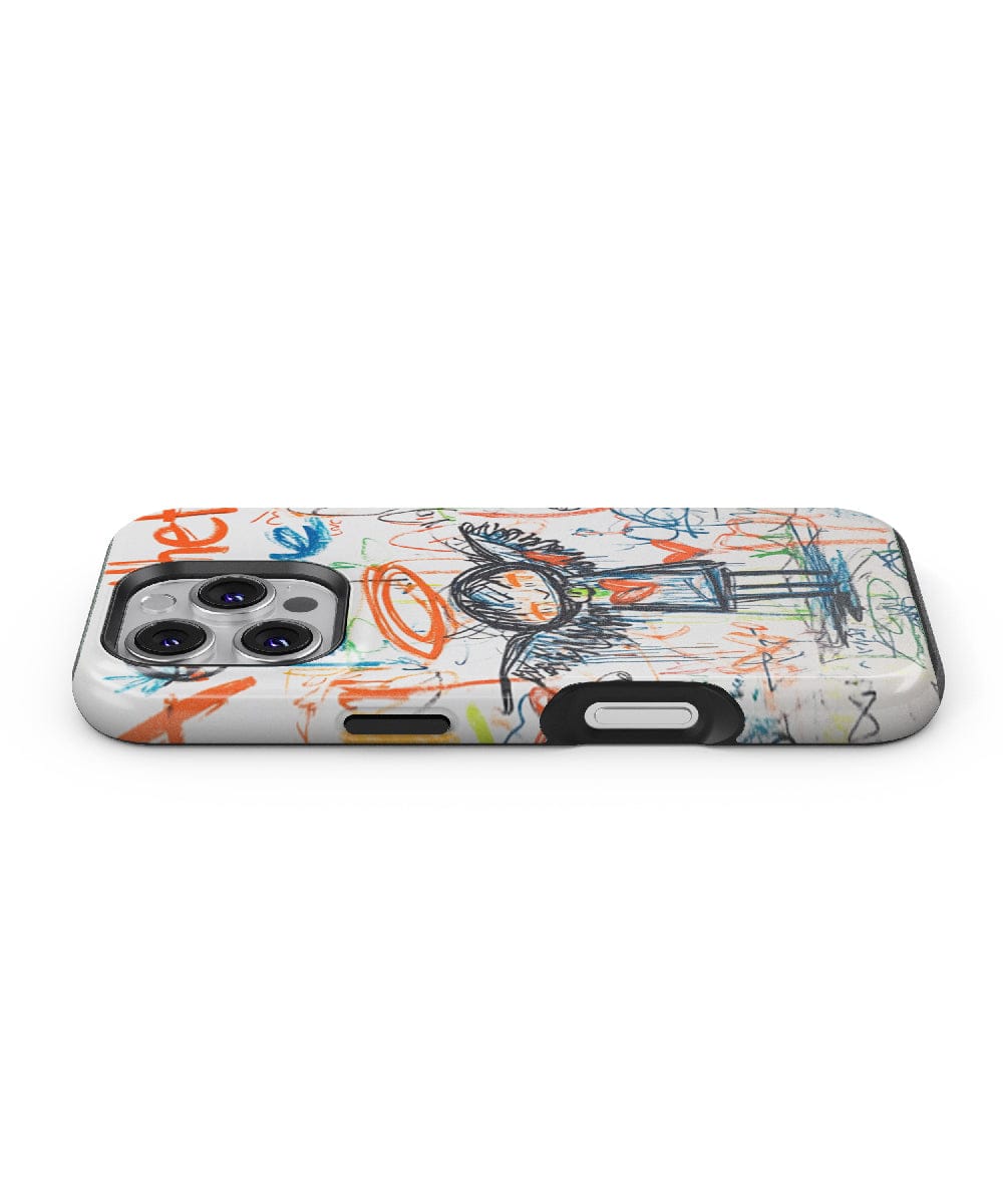 Aesthetic Graffiti Angel iPhone 16 Pro Max Case – MagSafe Compatible, Slim Fit, Shockproof PC + Silicone Cover: A smartphone case featuring a colorful, abstract doodle design with various scribbles in orange, blue, and black.