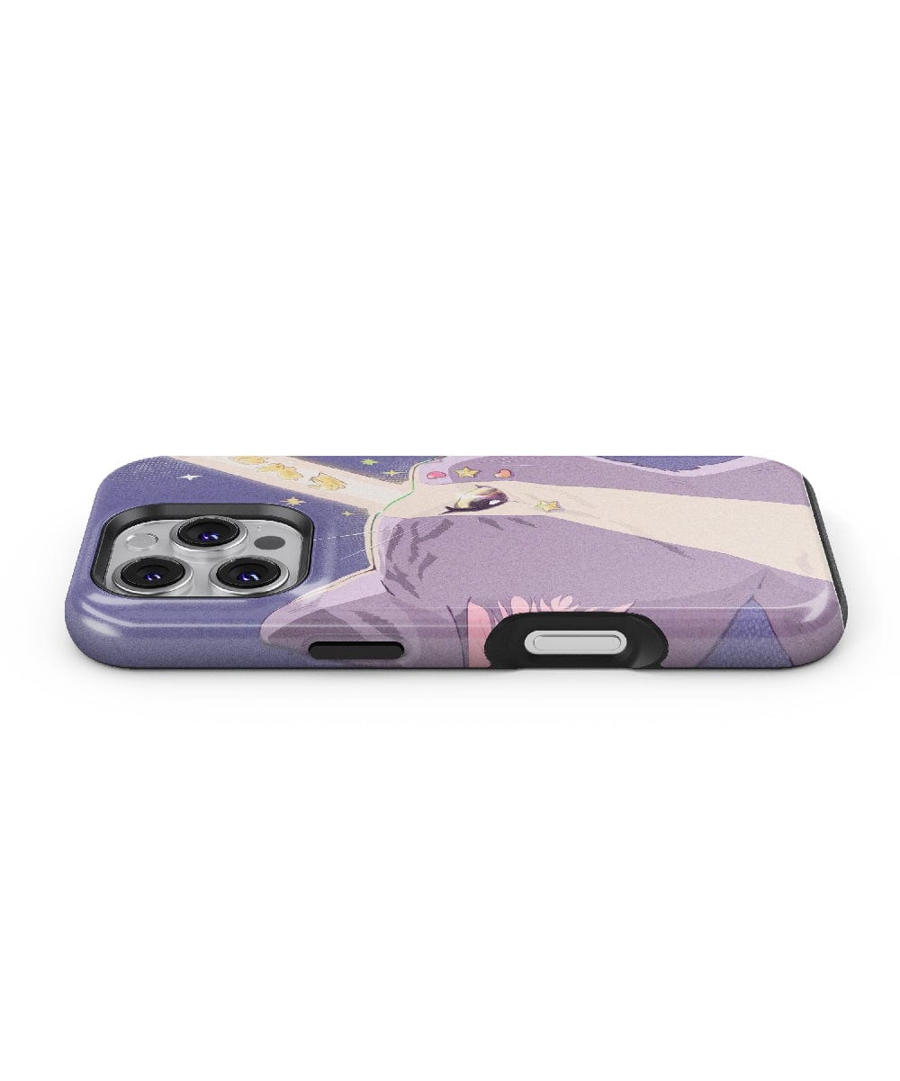 A smartphone in a Cosmic Cat Design Dreamy Cat with Starbeam iPhone 16 Pro Max case, featuring pastel colors and a cute aesthetic, placed face down on a white surface.