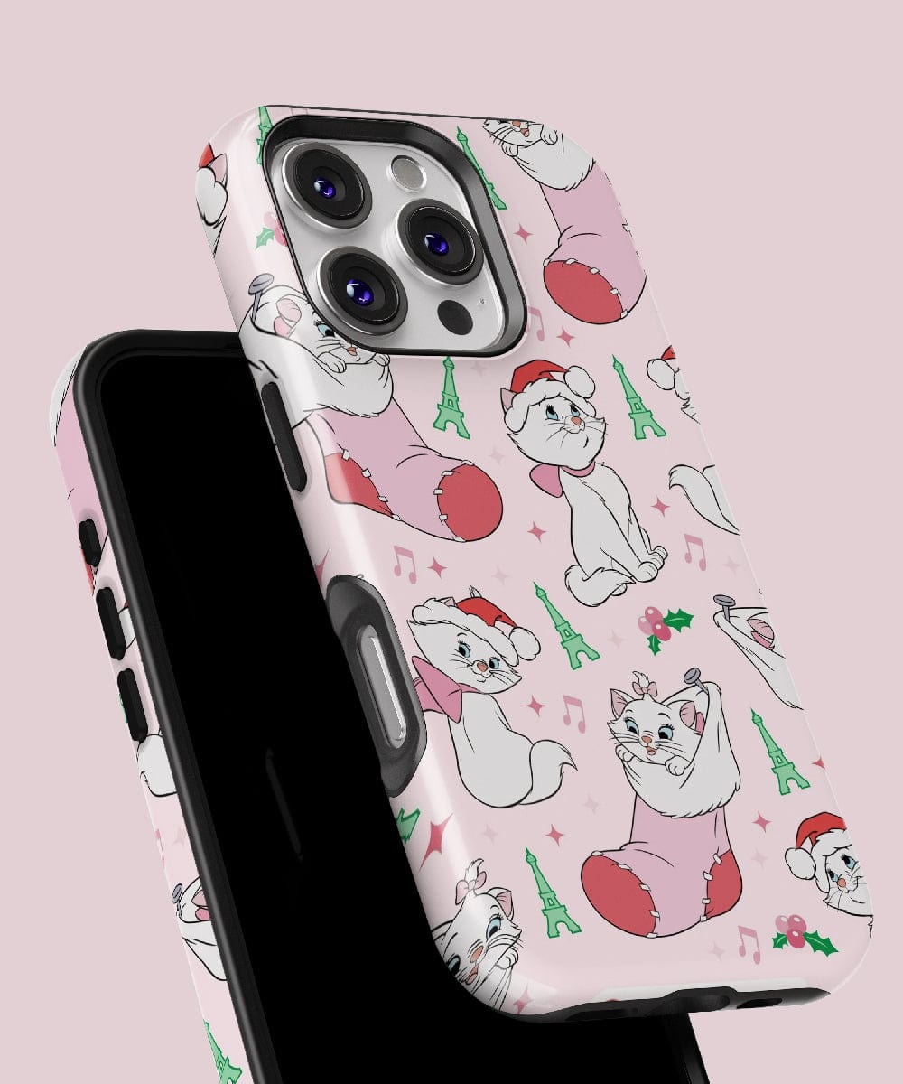 Introducing the Parisian Christmas Cat iPhone 16 Pro Max Case in the Festive Kitty Design. This delightful MagSafe-compatible case showcases white cartoon cats wearing Santa hats, Eiffel Tower accents, and musical notes elegantly arranged on a playful pink background.