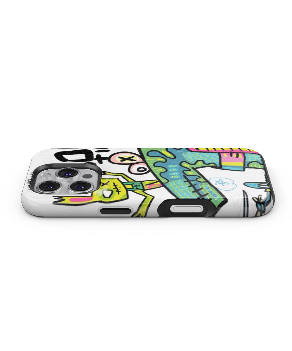 A smartphone with an Abstract Street Art iPhone 16 Pro Max Case – Bold Graffiti-Inspired Design, Vibrant Colors, Urban Aesthetic, lying face down to showcase the intricate blend of shapes and patterns on the case and the camera lenses. This artistic case also offers shockproof protection.